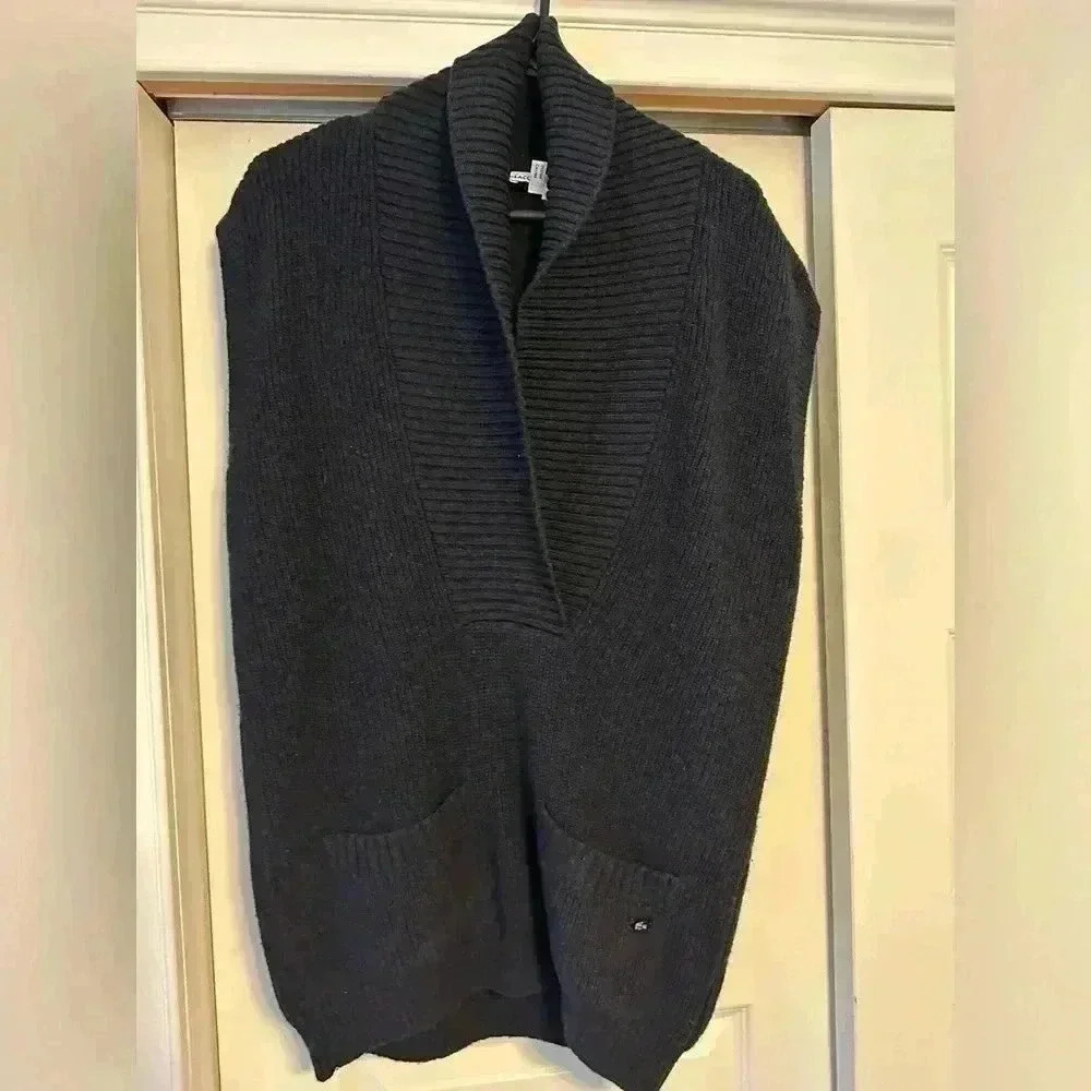 Vintage Lacoste Sweater L-XL 42 Blue Sleevless Shawl Collar Wool Pockets EUC!!